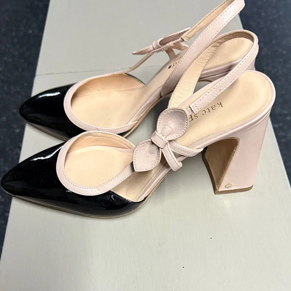 Kate Spade Black and Cream Bow Slingback Heels - Picture 2 of 4